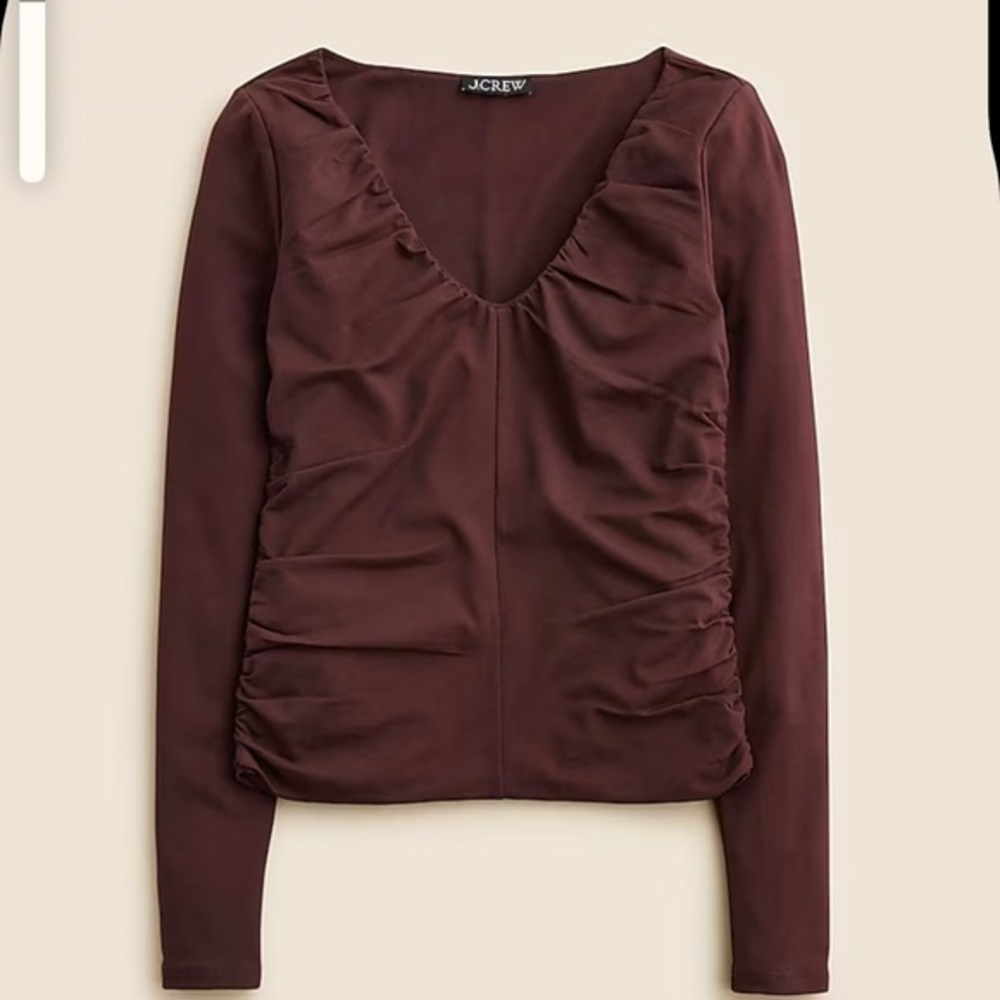 Jcrew Brown Stretch cotton blend ruched V-neck top, NWT, size XL